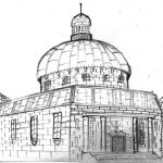 Pencil sketch of a domed temple structure.